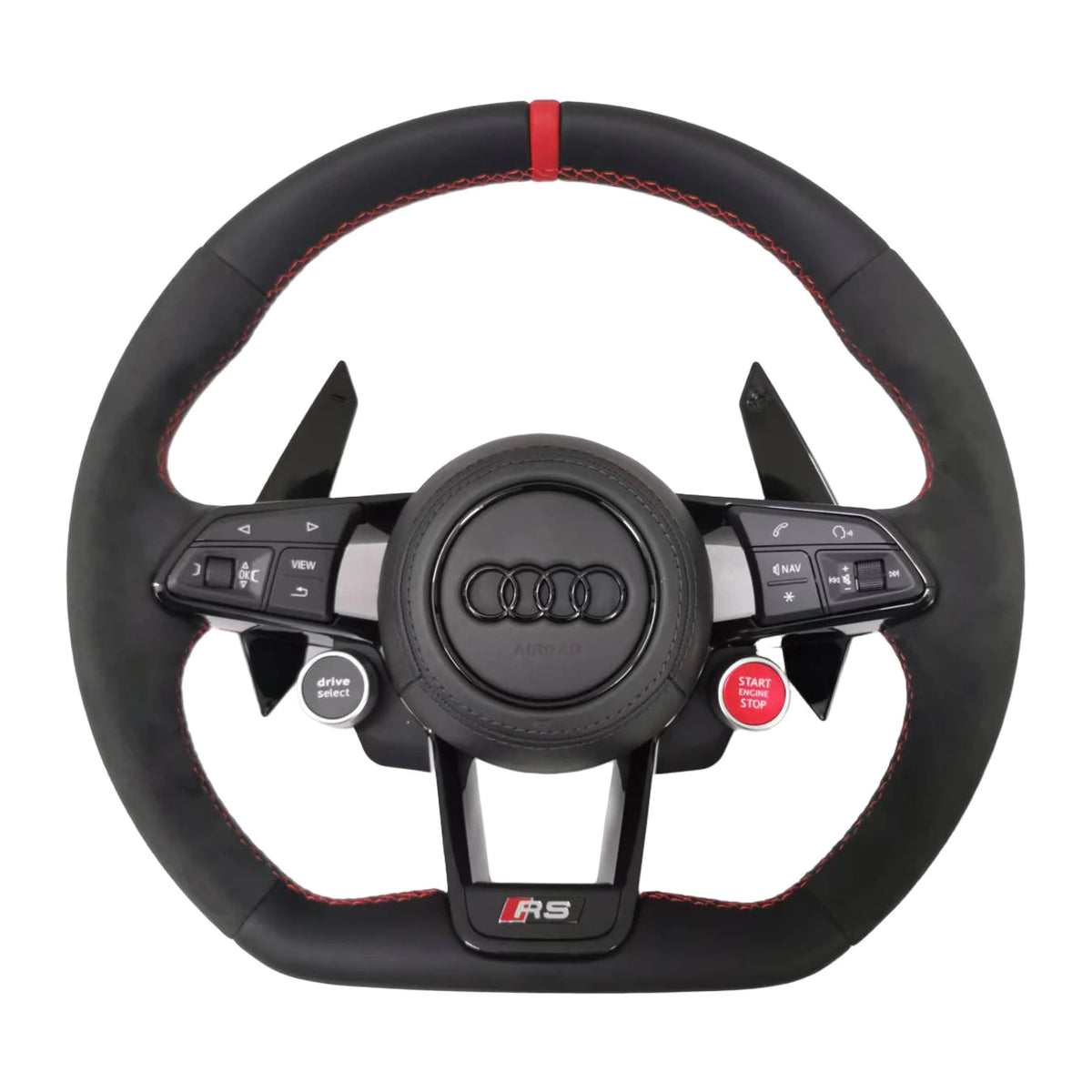 Audi RS-Sportlenkrad mit Alcantara, roter 12-Uhr-Markierung und Satellitentasten