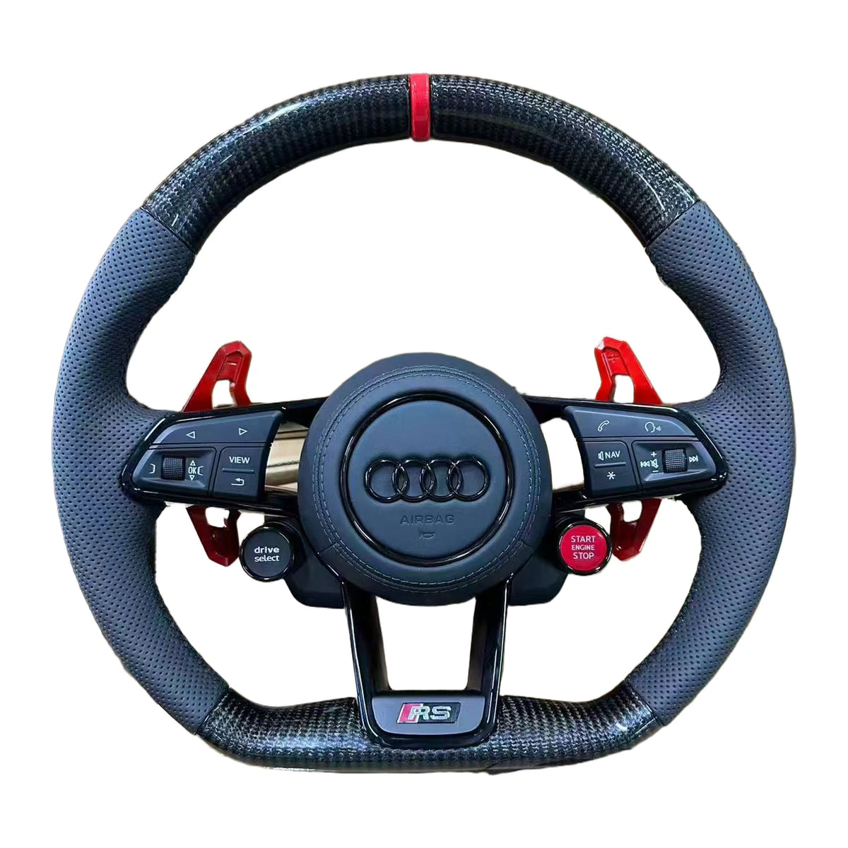 Audi RS-Sportlenkrad mit Carbon und perforiertem Leder, roter 12-Uhr-Markierung und roten Schaltwippen
