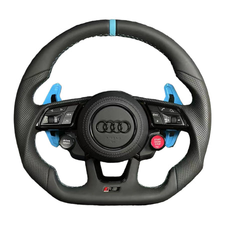 Audi RS-Sportlenkrad aus Leder mit blauer 12-Uhr-Markierung und blauen Schaltwippen