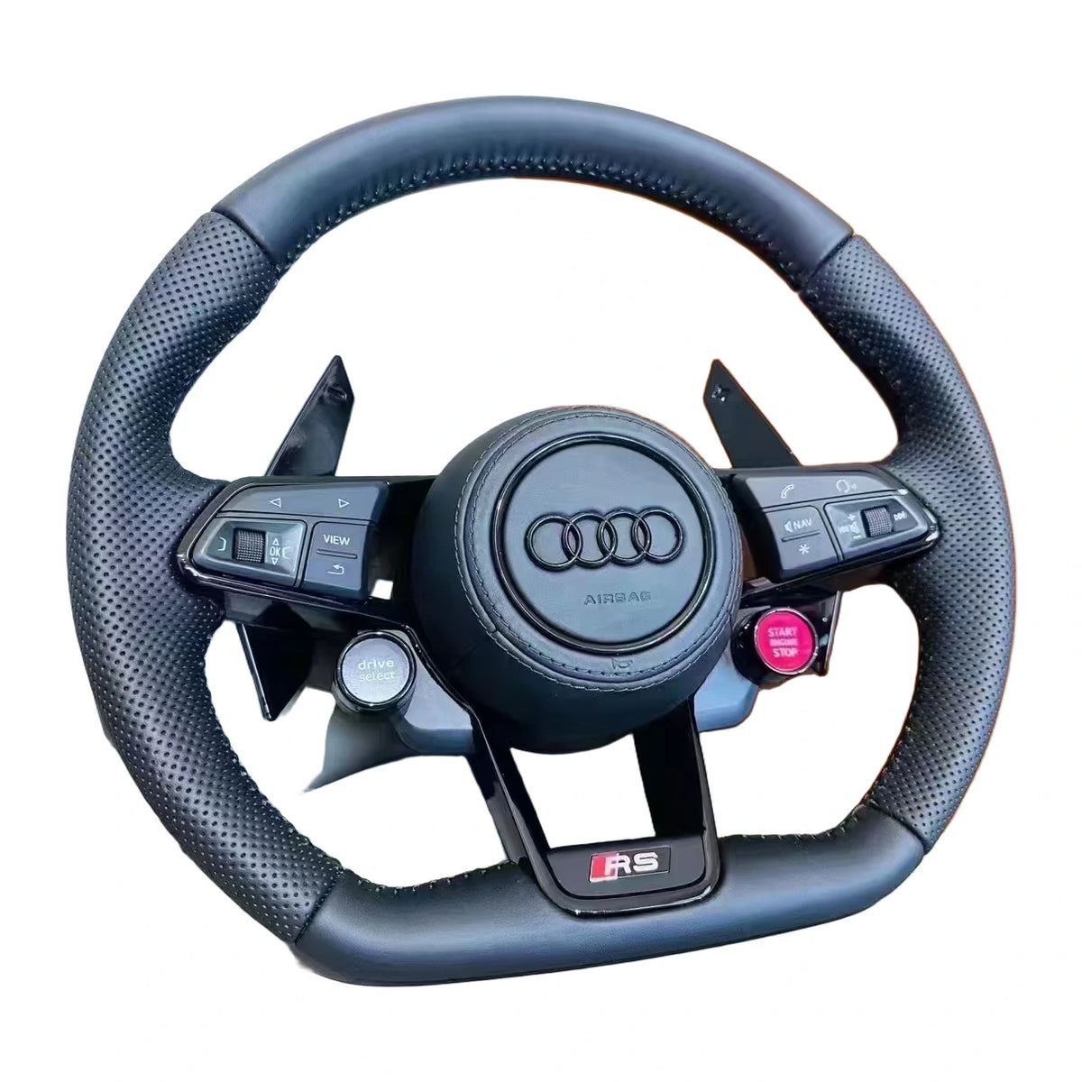 Audi RS-Sportlenkrad aus perforiertem Leder mit Start-Stopp-Taste, drive select und Schaltwippen