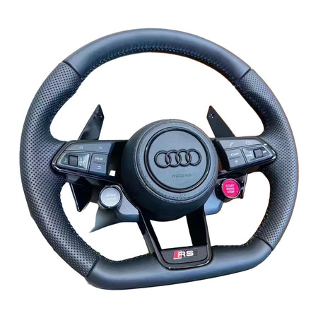 Audi RS-Sportlenkrad aus perforiertem Leder mit Start-Stopp-Taste, drive select und Schaltwippen