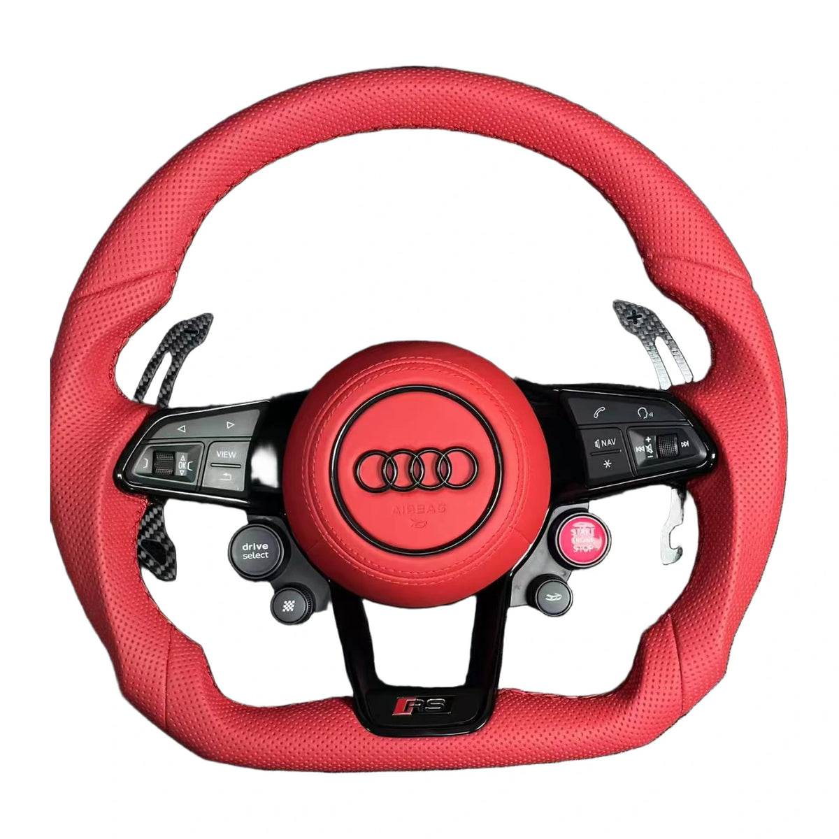 Audi RS-Sportlenkrad aus rotem Leder mit Start-Stopp-Taste und drive select