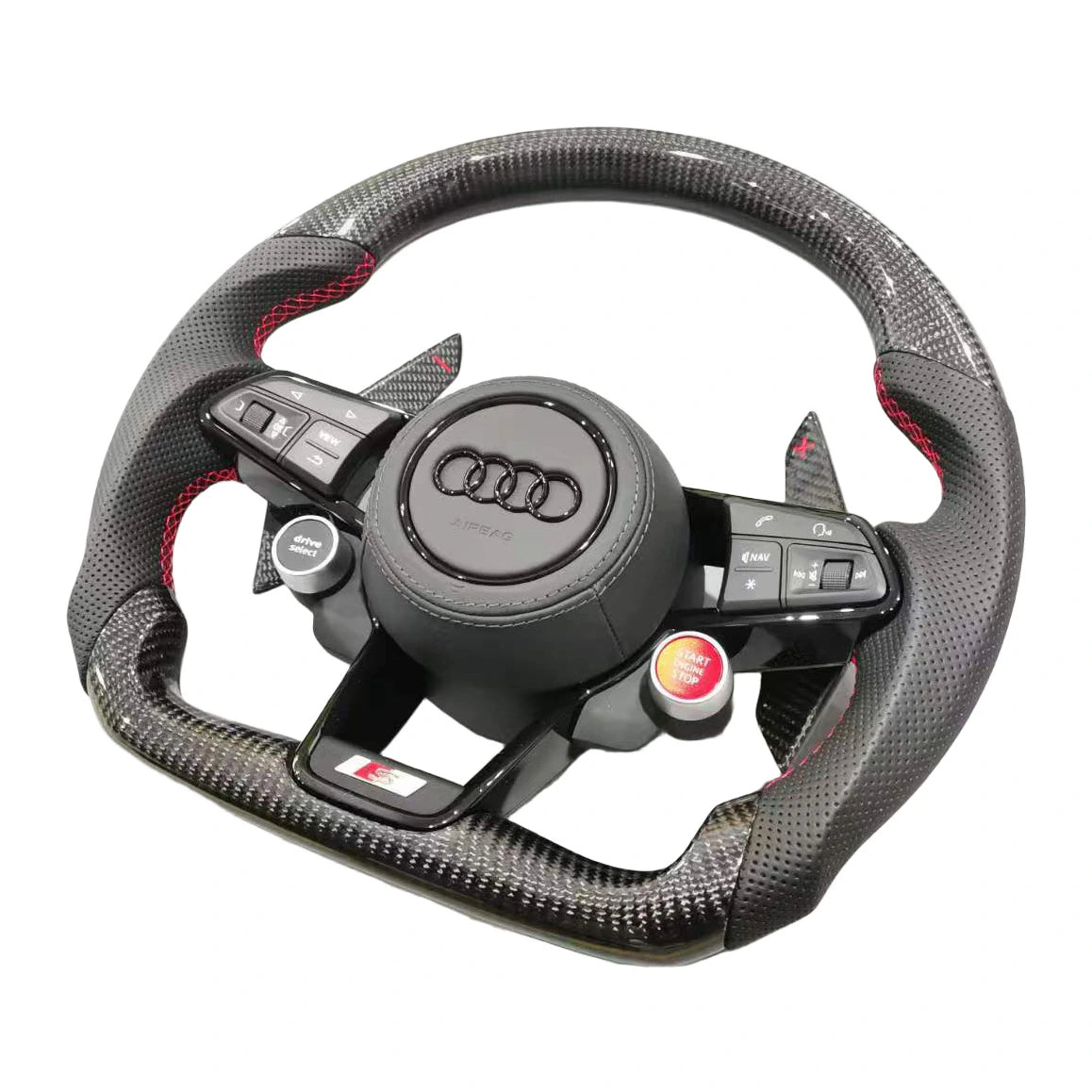 Audi S-Sportlenkrad mit Carbon und perforiertem Leder, roter Naht und Satellitentasten in der Seitenansicht