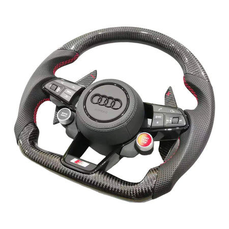 Audi S-Sportlenkrad mit Carbon und perforiertem Leder, roter Naht und Satellitentasten in der Seitenansicht