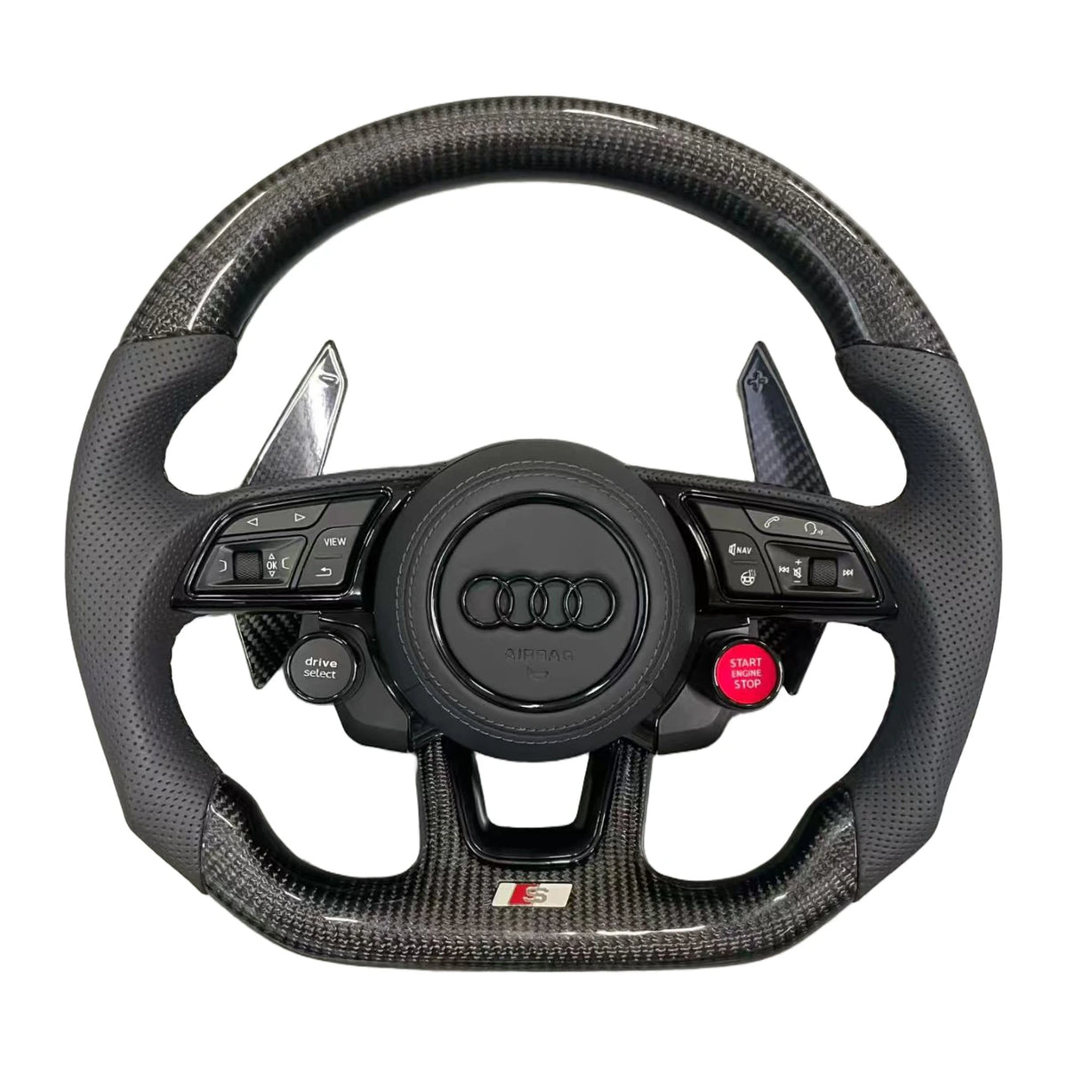 Audi S-Sportlenkrad mit Carbon und perforiertem Leder, Satellitentasten und Schaltwippen