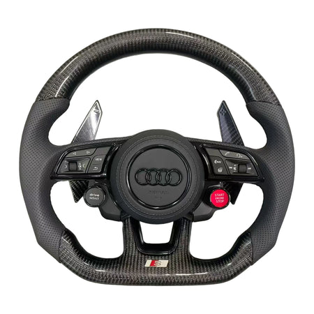 Audi S-Sportlenkrad mit Carbon und perforiertem Leder, Satellitentasten und Schaltwippen