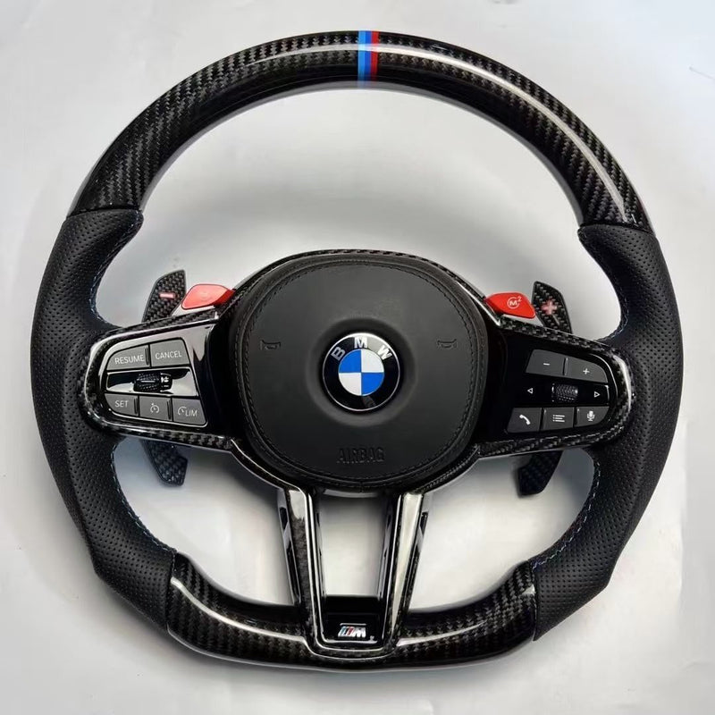 Carbon-Lenkrad BMW G-Serie im M-Design – Carbon mit perforiertem Leder und M-Tricolor-12-Uhr-Markierung (Airbag nicht im Lieferumfang)