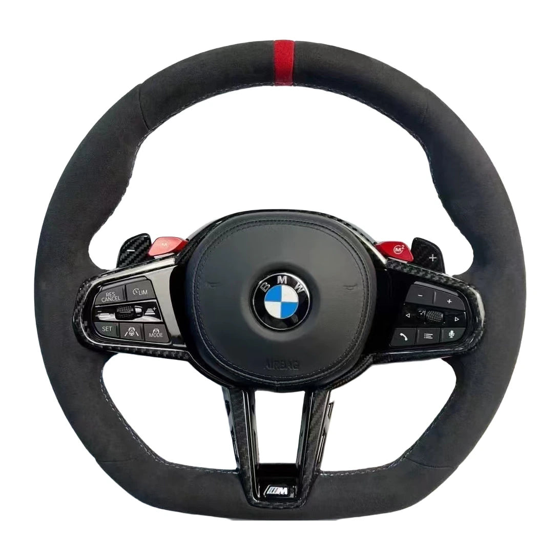 BMW M-Lenkrad mit Alcantara, roter 12-Uhr-Markierung, Carbon-Blenden und roten M-Tasten