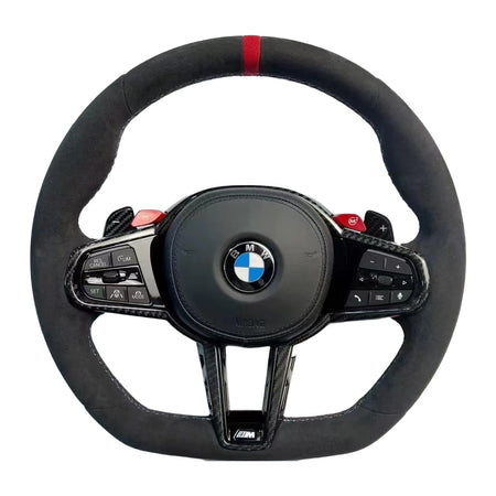 BMW M-Lenkrad mit Alcantara, roter 12-Uhr-Markierung, Carbon-Blenden und roten M-Tasten