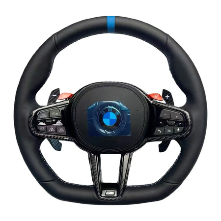 BMW M-Lenkrad aus Glattleder mit blauer 12-Uhr-Markierung, Carbon-Blenden und roten M-Tasten