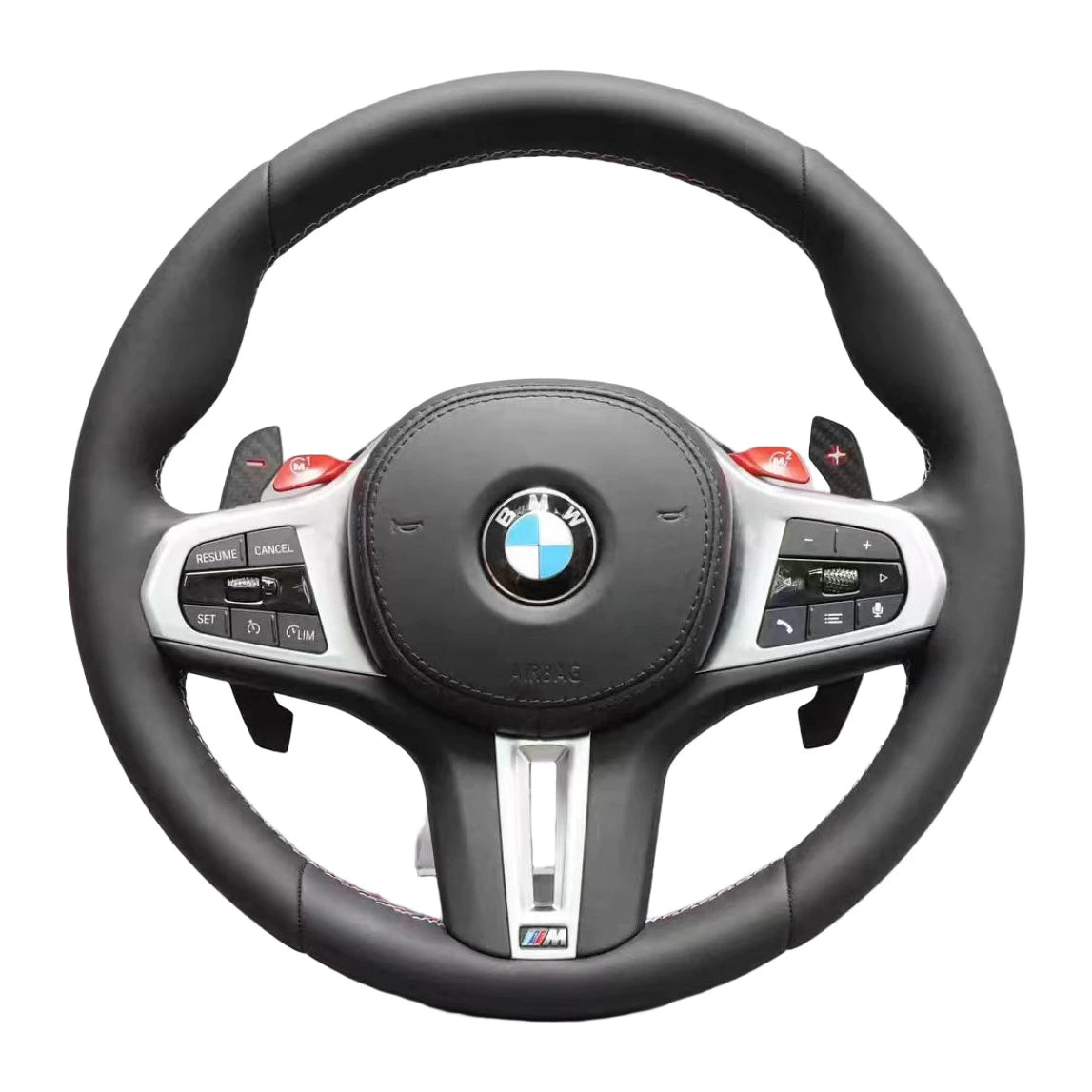 BMW M-Lenkrad aus schwarzem Glattleder mit roten M-Tasten und Schaltwippen