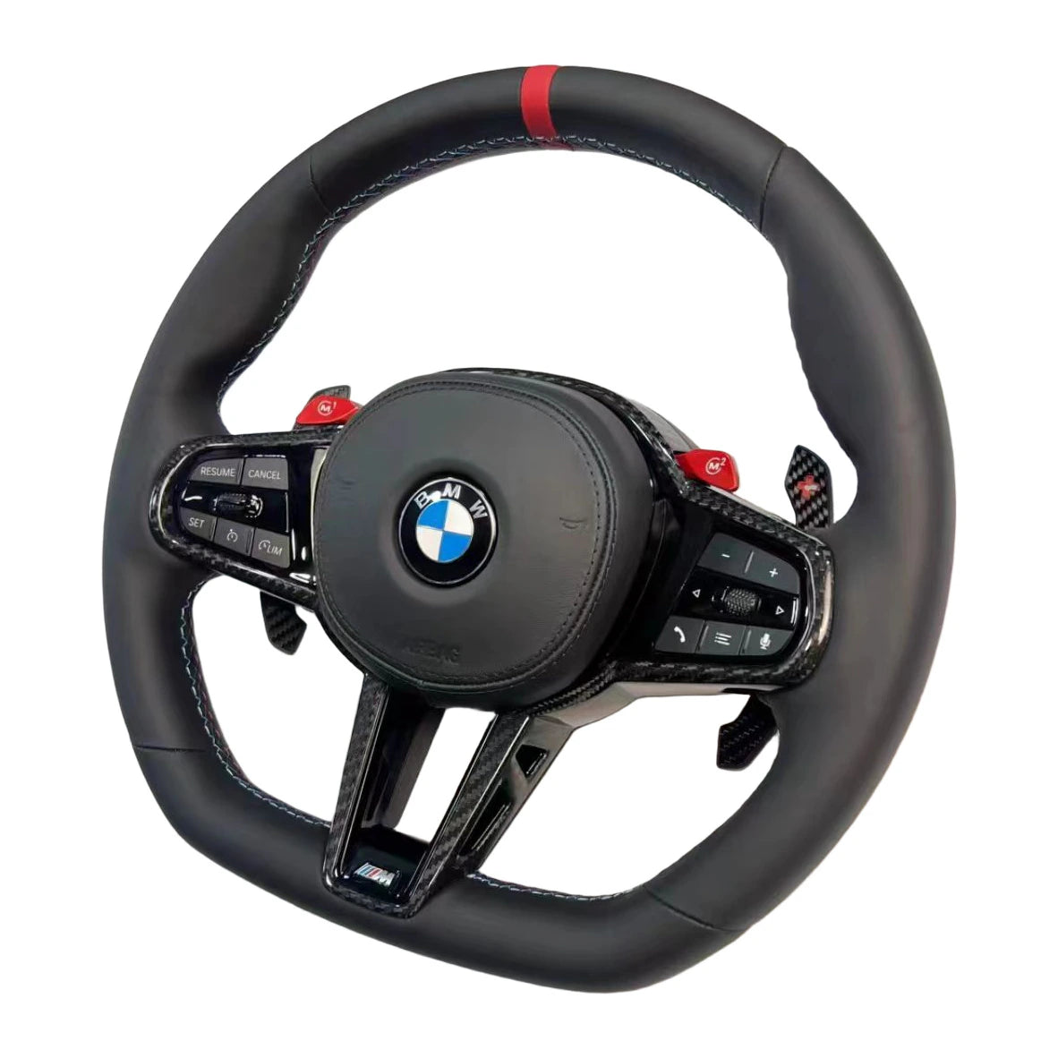 BMW M-Lenkrad aus Glattleder mit roter 12-Uhr-Markierung, Carbon-Blenden und roten M-Tasten