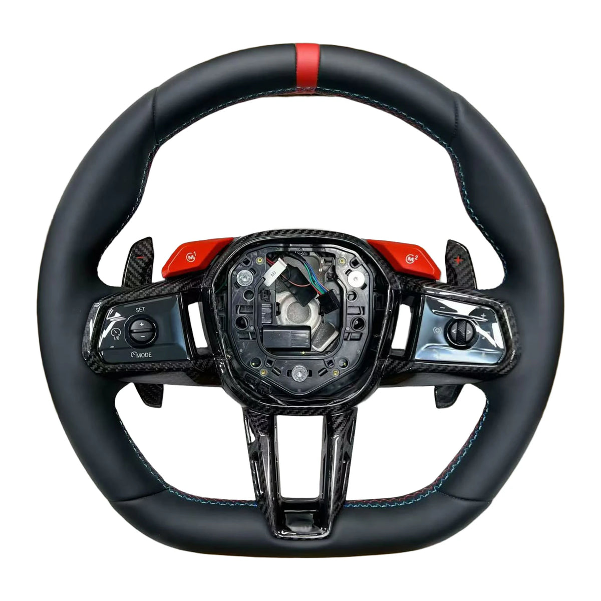 BMW M-Lenkrad im neuen Design aus Glattleder mit Carbon-Blenden und roter 12-Uhr-Markierung, ohne Airbag
