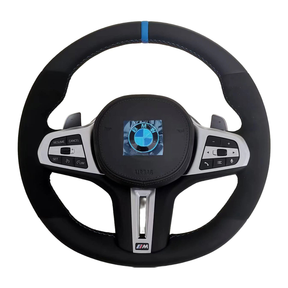 BMW M-Sportlenkrad mit Alcantara, blauer 12-Uhr-Markierung und Multifunktionstasten