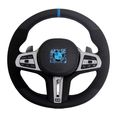 BMW M-Sportlenkrad mit Alcantara, blauer 12-Uhr-Markierung und Multifunktionstasten