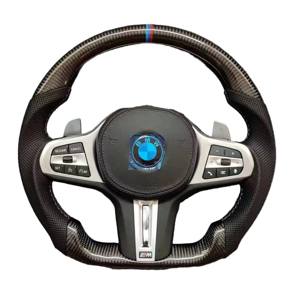 BMW M-Sportlenkrad mit Carbon und perforiertem Leder, M-Farbstreifen auf 12 Uhr und Schaltwippen