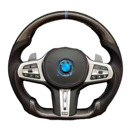 BMW M-Sportlenkrad mit Carbon und perforiertem Leder, M-Farbstreifen auf 12 Uhr und Schaltwippen