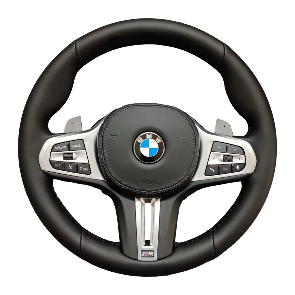 BMW M-Sportlenkrad aus schwarzem Glattleder mit Multifunktionstasten und Schaltwippen