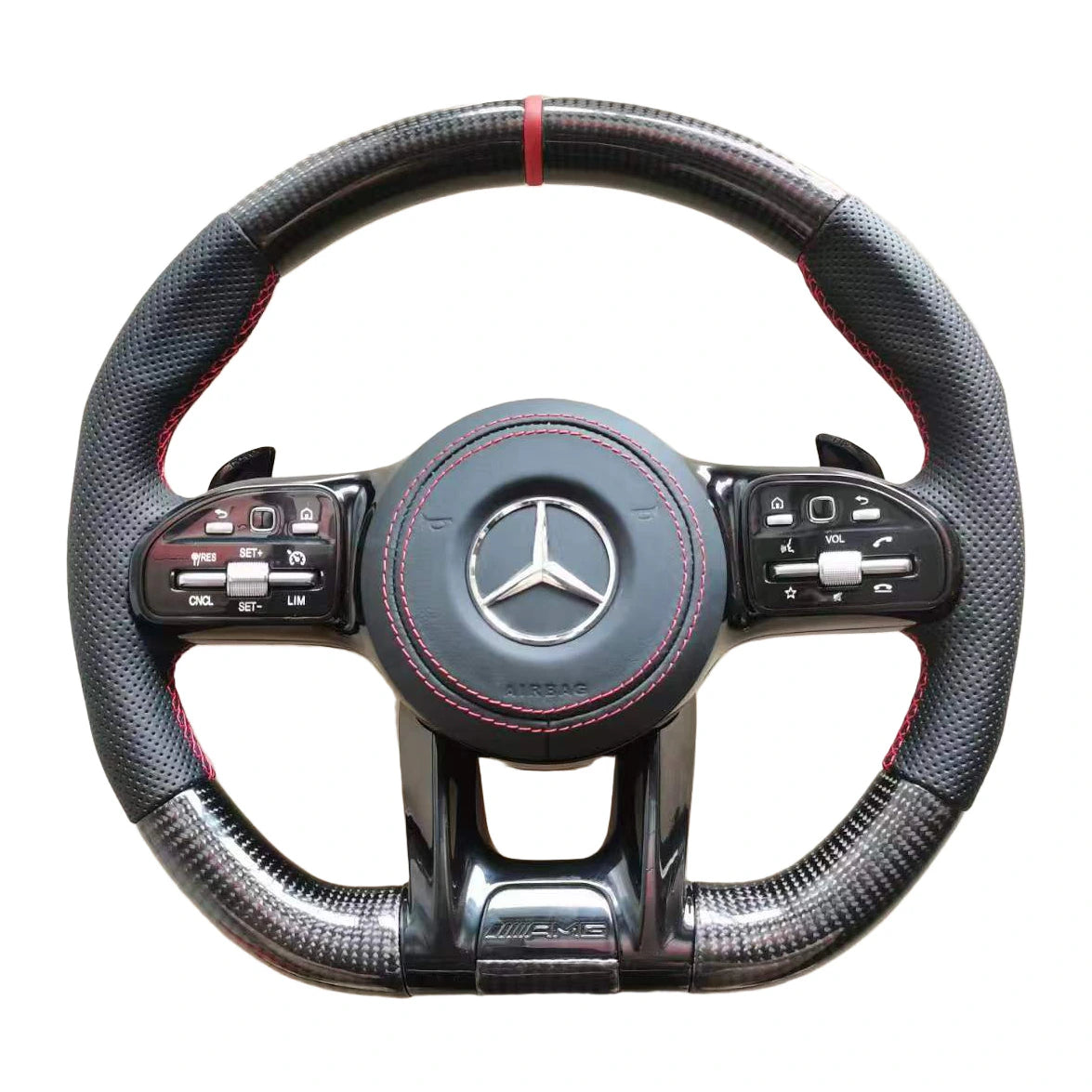 Mercedes-AMG Sportlenkrad mit Carbon und perforiertem Leder, roter 12-Uhr-Markierung und schwarzen Touch-Control-Tasten