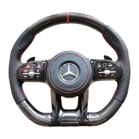 Mercedes-AMG Sportlenkrad mit Carbon und perforiertem Leder, roter 12-Uhr-Markierung und schwarzen Touch-Control-Tasten
