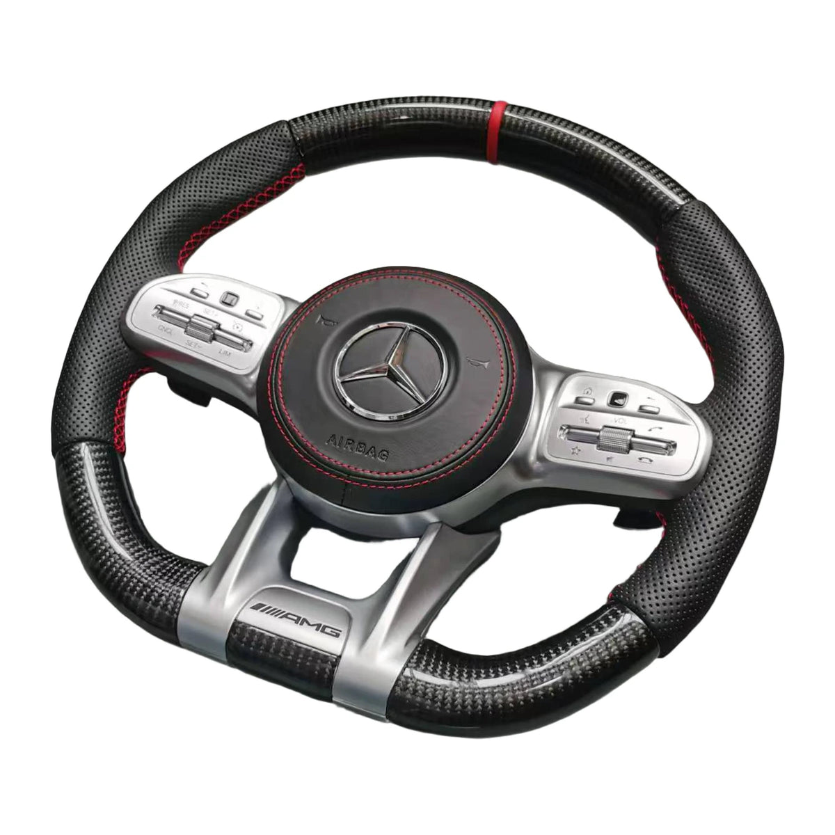 Mercedes-AMG Sportlenkrad mit Carbon, perforiertem Leder und roter Naht in der Seitenansicht