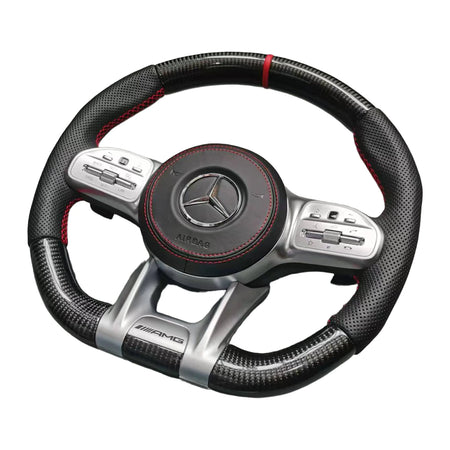 Mercedes-AMG Sportlenkrad mit Carbon, perforiertem Leder und roter Naht in der Seitenansicht