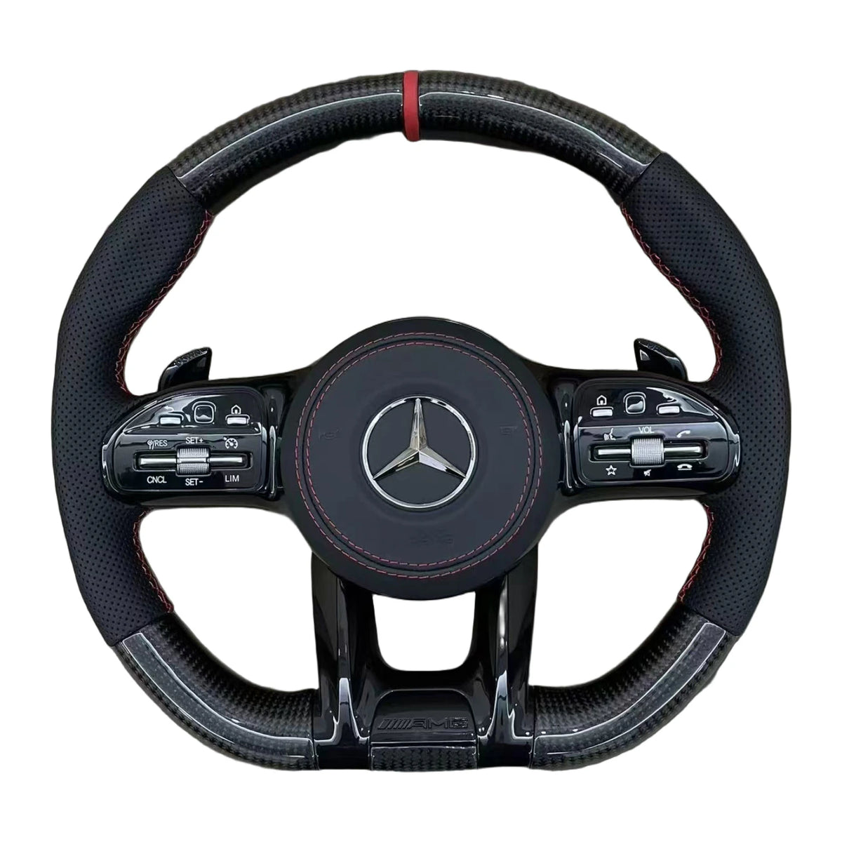 Mercedes-AMG Sportlenkrad mit Carbon, perforiertem Leder und schwarzen Touch-Control-Tasten