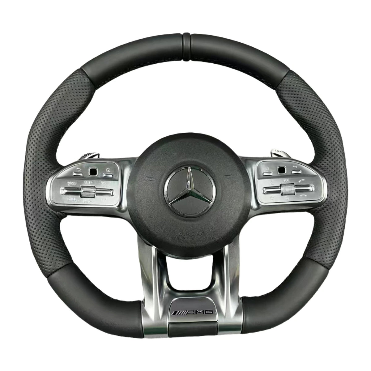 Mercedes-AMG Sportlenkrad aus Glatt- und perforiertem Leder mit silbernen Touch-Control-Tasten