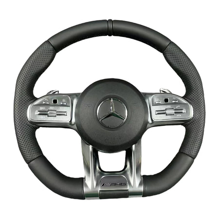 Mercedes-AMG Sportlenkrad aus Glatt- und perforiertem Leder mit silbernen Touch-Control-Tasten