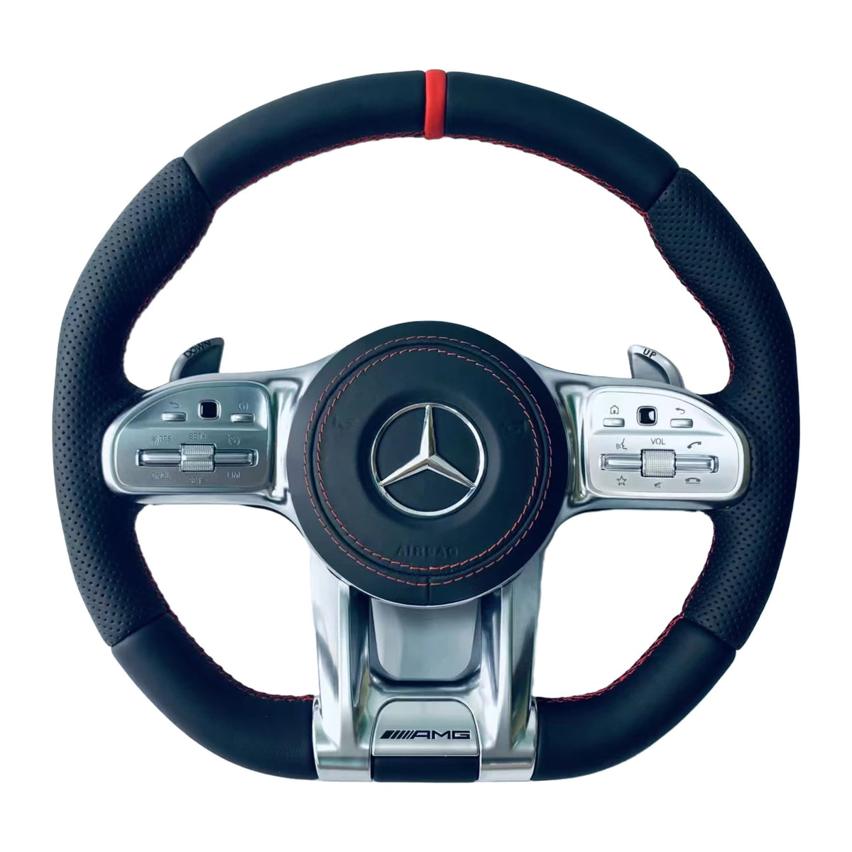 Mercedes-AMG Sportlenkrad aus Leder mit roter 12-Uhr-Markierung, roter Naht und silbernen Tasten